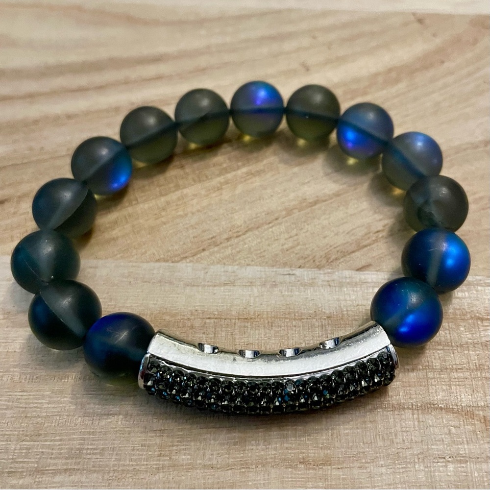 Black Magic Glass and Genuine Black Austrian Crystal Gemstone Bracelet 7”
